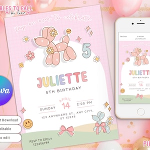 Invitación de perro con globo, globo de animal rosa coqueto, One is Fun First Birthday, invitación de cumpleaños de niña, globo de perro con lazo rosa de fiesta