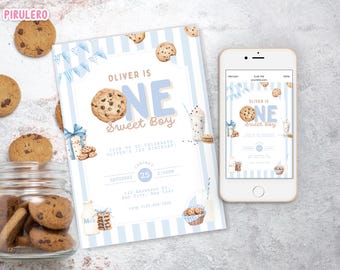 Einladung zum ersten Geburtstag eines süßen Jungen, Milch und Kekse – Digitale Canva-Vorlage