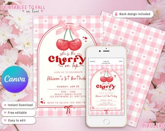 Cherry Birthday Invitation, Cherry on Top Invite, Girl 1st Birthday Invitation, Coquette Bow Invitation, Editable Template, girl party