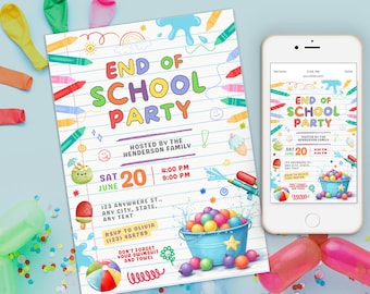 Ende der Schule Party bearbeitbare Einladung, Schule Party einladen, Schule ist aus Sofort-Download, Sommer Schwimmen Ende des Schuljahres einladen