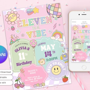 Invitación para fiesta de 11.º cumpleaños de Eleven Is A Vibe, invitación con letras de parches preppy, fiesta universitaria con estilo disco y estilo moderno para 11.º cumpleaños.