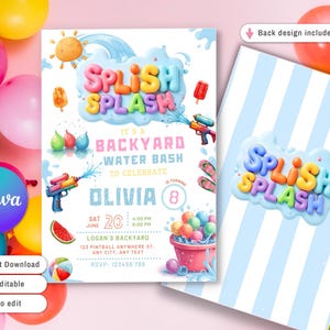 Puede incluir: Una colorida invitaci&oacute;n para una fiesta acu&aacute;tica en el jard&iacute;n, con el texto "Splish Splash" en letras de burbujas. El dise&ntilde;o incluye pistolas de agua, helados y una rodaja de sand&iacute;a. La invitaci&oacute;n es para el 8&ordm; cumplea&ntilde;os de Olivia.