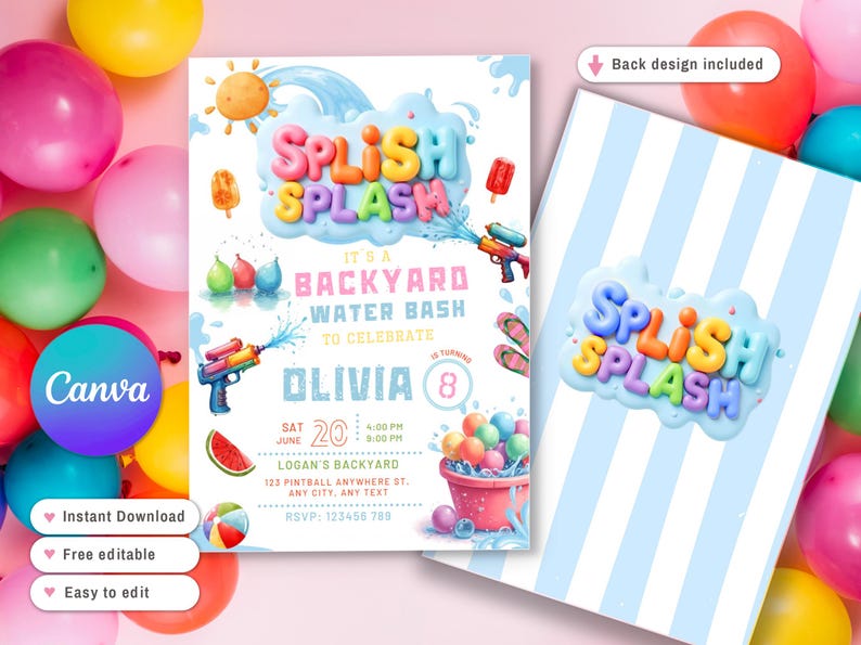 Puede incluir: Una colorida invitaci&oacute;n para una fiesta acu&aacute;tica en el jard&iacute;n, con el texto "Splish Splash" en letras de burbujas. El dise&ntilde;o incluye pistolas de agua, helados y una rodaja de sand&iacute;a. La invitaci&oacute;n es para el 8&ordm; cumplea&ntilde;os de Olivia.