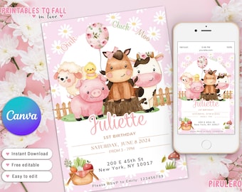 Editable Farm Birthday Invitation. Pink Farm Animals Birthday Invite, Girl Barnyard Birthday, Girl Farm, Floral Barnyard Animals, pink farm
