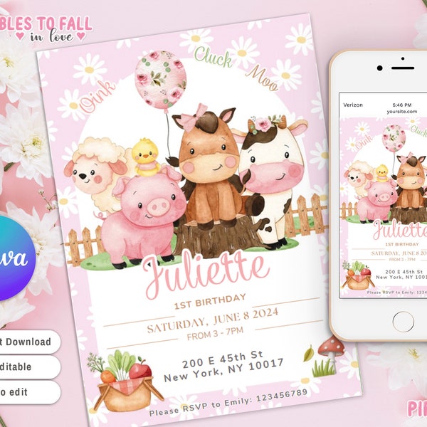 Editable Farm Birthday Invitation. Pink Farm Animals Birthday Invite, Girl Barnyard Birthday, Girl Farm, Floral Barnyard Animals, pink farm