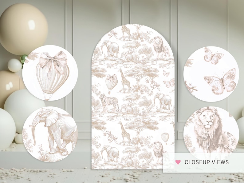 May include: A set of five white and gold round paper cutouts featuring a hot air balloon, an elephant, a lion, a giraffe, and butterflies. The cutouts are decorated with a delicate floral pattern and are perfect for a safari-themed party.