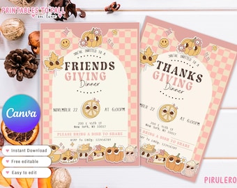 Dankbaar voor vrienden Thanksgiving-dinerfeestuitnodiging, Groovy Friendsgiving-uitnodiging, Retro Thanksgiving, Pie Character Friendsgiving