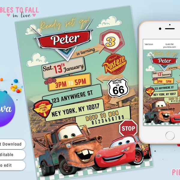 Cars Radiator Spring Birthday Invitation, Lightning McQueen Invitation, Kids Birthday Invitation, Editable Canva template Cars