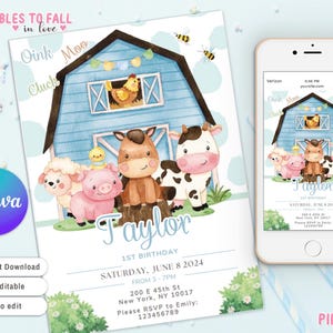Invito di compleanno a tema fattoria. Invito di compleanno per bambini a tema animali da fattoria, invito di compleanno a tema fattoria blu, invito di compleanno per bambini a tema ranch, invito di compleanno per bambini a tema animali da fattoria azzurro