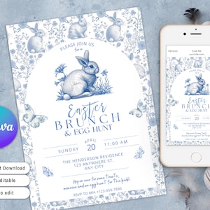 May include: A blue and white Easter brunch invitation featuring a bunny rabbit illustration and floral border. The invitation text reads "Please join us for an Easter Brunch & Egg Hunt" with the date, time, and location.