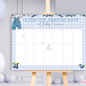 May include: A baby shower calendar with a blue gingham pattern and the text "Guess the Arrival Date of Baby Cameron." The calendar features a watercolor illustration of denim overalls and blueberries. It is displayed on a wooden easel.