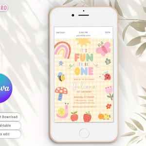 May include: A smartphone displays a colorful invitation for a first birthday party. The design features a rainbow, butterfly, bee, and the text "IT'S FUN TO BE ONE". The invitation is for Juliana's 1st birthday.