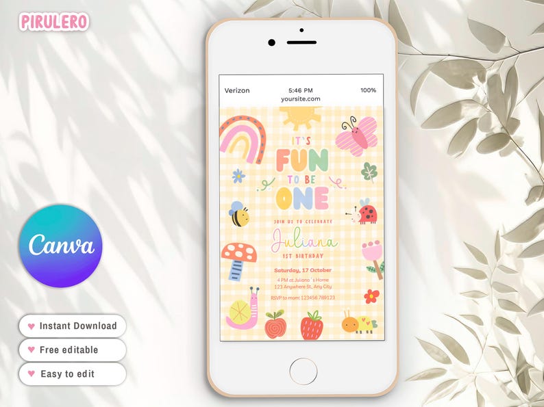 May include: A smartphone displays a colorful invitation for a first birthday party. The design features a rainbow, butterfly, bee, and the text "IT'S FUN TO BE ONE". The invitation is for Juliana's 1st birthday.
