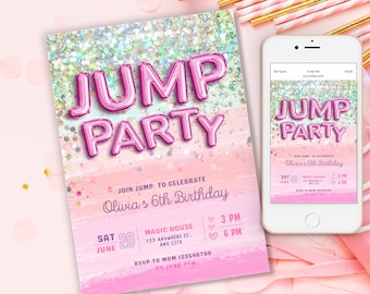 Jump Party verjaardagsuitnodiging meisje, Trampoline Party, Trampoline verjaardagsuitnodiging, folie regenboog Bounce Party, Jump Party bewerkbare uitnodiging