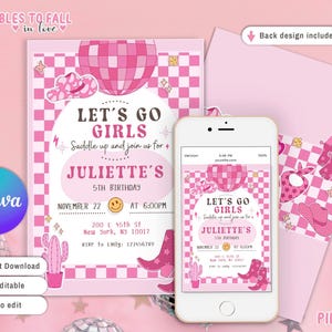 Pink Cowgirl Birthday Party Invitation Template, Pink disco Cowgirl Party, Rodeo Birthday, Girl Party, Let&#39;s Go Girls Printable Space invite
