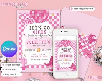 Plantilla de invitación para fiesta de cumpleaños de vaquera rosa, fiesta de vaquera con estilo disco rosa, cumpleaños de rodeo, fiesta de niñas, invitación imprimible Let's Go Girls