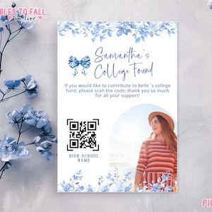 Plantilla de tarjeta de inserción con foto y código QR para fondos universitarios, invitación imprimible para graduados, tarjeta editable para futuras donaciones, descarga instantánea, BlueToile