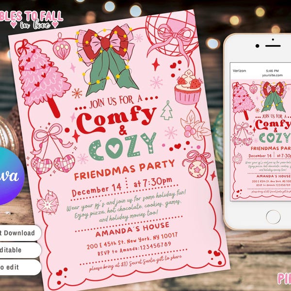 Bequeme und gemütliche Weihnachtsfeier-Einladung, Mädchen Nacht im Urlaub Party einladen, Friendsmas Party-Einladung, Weihnachten PJ Party-Einladung,