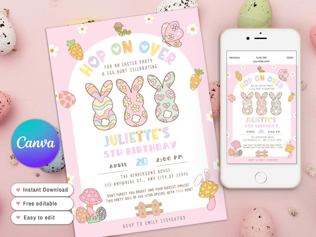 Hop on Over Easter Egg Hunt Invitation Template, Party With My Peeps ...