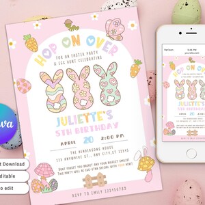 Plantilla de invitación para la búsqueda de huevos de Pascua, fiesta con mis amigos, invitación para la fiesta de Pascua, cumpleaños de Pascua con conejito Spring Vibes de amigos pastel