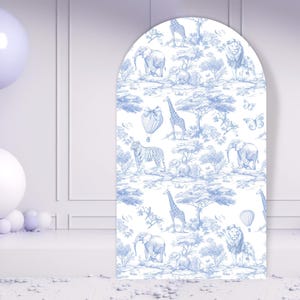 Sfondo ad arco Toile de Jouy, elegante decorazione per baby shower Toile Blue Safari, Safari Chinoiserie Baby Shower Dusty Party Prop Download digitale