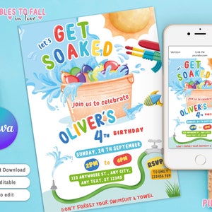 Water Balloon Birthday Invitation, Invite Let&#39;s Get Soaked, Water Balloon Birthday Bash, Soaked Water Fight Splash Party DIGITAL Printable