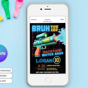 Może przedstawiać: Smartfon wyświetla neonowe zaproszenie na "Backyard Water Bash" z ilustracją pistoletu na wodę. Zaproszenie zawiera tekst "Bruh You In?" oraz szczeg&oacute;ły dotyczące imprezy Logana 20 czerwca.