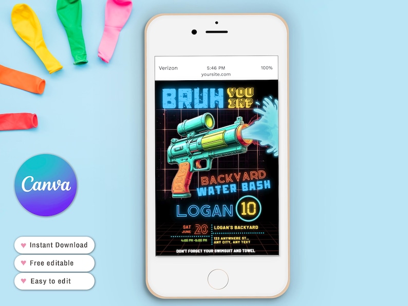 Może przedstawiać: Smartfon wyświetla neonowe zaproszenie na "Backyard Water Bash" z ilustracją pistoletu na wodę. Zaproszenie zawiera tekst "Bruh You In?" oraz szczeg&oacute;ły dotyczące imprezy Logana 20 czerwca.