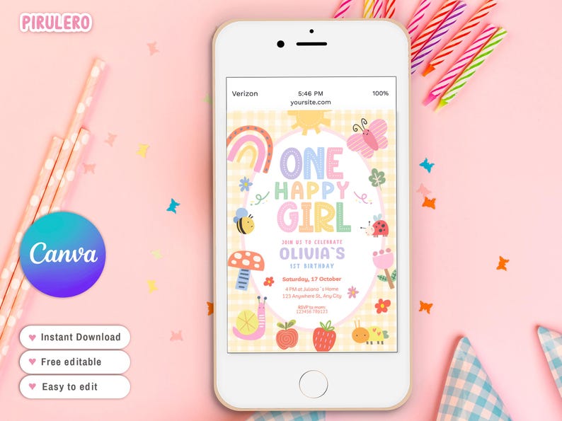 May include: A smartphone displays a colorful birthday invitation with the text "ONE HAPPY GIRL." The design includes a rainbow, butterfly, bee, and other whimsical illustrations. The phone is on a pink surface with party supplies.