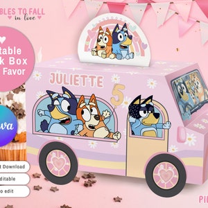 Caja de favores imprimible para fiesta de perros azules para niñas, fiesta de camiones favorece caja de golosinas para perros azul rosa Plantilla editable de Canva, flores de margarita de Candy Treat Box imagen 1