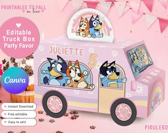 Girls blue dog Party printable favor box, truck party favors pink blue dog treat box  Editable Canva template, Candy Treat Box daisy flowers