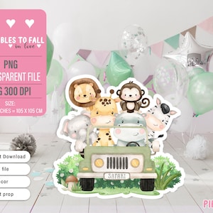 Recorte de safari de animales de la jungla, decoración grande, accesorio, letrero de jardín, centro de mesa, recorte de cartón de jeep de safari, baby shower, decoraciones de cumpleaños para niños