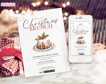 Può includere: Un invito bianco per un brunch di Natale con il testo "Join us for a Christmas Brunch". L'invito include un'illustrazione ad acquerello di una torta con agrifoglio e bacche. Uno smartphone mostra lo stesso invito.