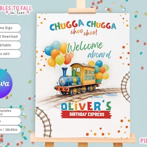 Train Welcome Sign 16x20, 18x24, birthday Welcome Poster, Toy train theme party, train welcome sign Chugga chugga choo choo welcome aboard