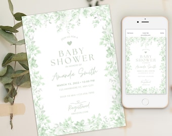Sage green Toile de Jouy Baby Shower Invitation, neutral gender Baby Shower, Vintage Elegant Chinoiserie Blush Floral Baby, Victorian French