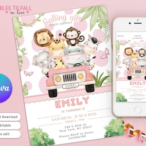Invito Safari girl, per qualsiasi età, invito Wild One 1° compleanno, invito MODIFICABILE animali della giungla, modello Canva Safari girl, animali da festa