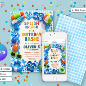 May include: A birthday party invitation with a water theme, featuring the text "Splish Splash It's a Birthday Bash!" and details for Oliver's 10th birthday. The design includes water guns, sunglasses, and a beach ball. A smartphone displays the invitation.