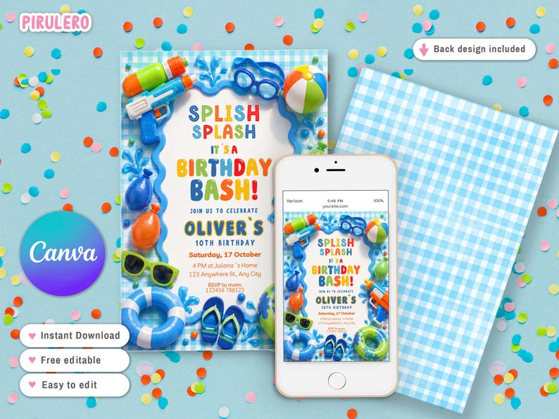 May include: A birthday party invitation with a water theme, featuring the text "Splish Splash It's a Birthday Bash!" and details for Oliver's 10th birthday. The design includes water guns, sunglasses, and a beach ball. A smartphone displays the invitation.