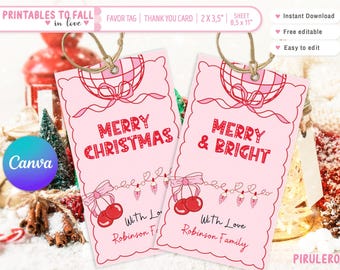 May include: Two printable pink Christmas gift tags with a red and white cherry and lightbulb design. The text on the tags reads "Merry Christmas" and "Merry & Bright". The tags also include the text "With Love" and a space for a name.