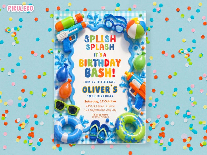 May include: A colorful birthday invitation with a water theme. The design includes water guns, beach balls, and water balloons. The text reads "Splish Splash It's a Birthday Bash!" and invites guests to celebrate Oliver's 10th birthday.