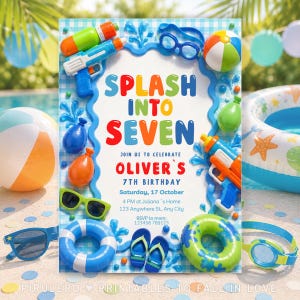 Inbjudan till Splash in the Seven-födelsedag, 7-års poolparty, redigerbar sommarpojkefödelsedagsfestinbjudan, badfestinbjudan, poolparty