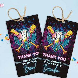 May include: Two baseball-themed thank you tags with a black background and colorful splatter design. Each tag features a baseball with melting frosting and crossed bats. Text reads "THANK YOU" and "FOR COMING TO MY PARTY".
