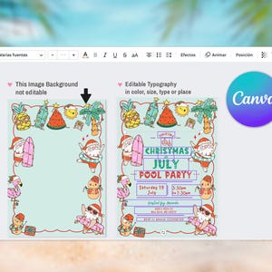 May include: A digital invitation design for a Christmas in July pool party. The design features cartoon illustrations of Santa Claus with surfboards, flamingos, and tropical fruits. The text includes the event details and the Canva logo.