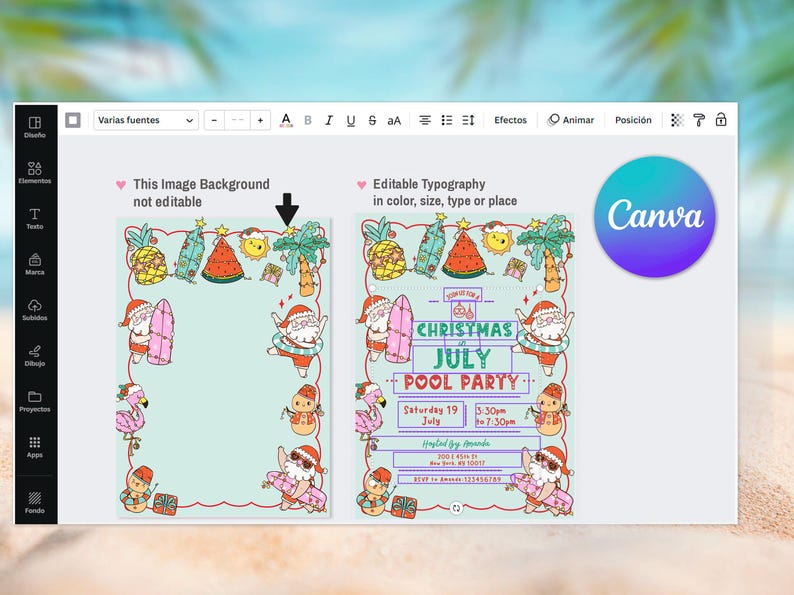 May include: A digital invitation design for a Christmas in July pool party. The design features cartoon illustrations of Santa Claus with surfboards, flamingos, and tropical fruits. The text includes the event details and the Canva logo.