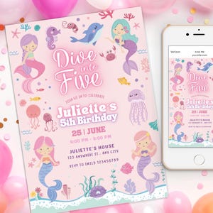 Dive Into Five Mermaid Invitation, Pink Girl 5th Birthday Invite, Pastel Under the Sea Theme, Splish Splash Girly Pool Party summer birthday