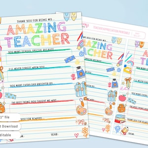 Op de afbeelding: Twee afdrukbare bedankkaarten voor leraren met de tekst "Amazing Teacher" in kleurrijke letters. De kaarten hebben lijnen om op te schrijven en zijn versierd met schoolthema-illustraties.