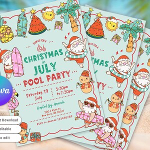 May include: Christmas in July pool party invitations. The invitations feature Santa Claus, a surfboard, and a snowman. The text reads "Christmas in July Pool Party" with the date, time, and location. The invitations are light blue with colorful illustrations.