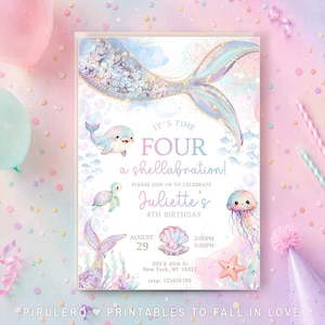 Mermaid 4th Birthday Invitation Template, Editable Time FOUR Shellabration Party Printable
