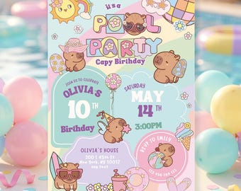 Pool Party Capybara Birthday Invitation, summer Capy Birthday invite, preppy smile Teen Party, Animals Kid's Birthday girl Theme Template