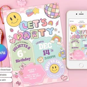 Editable Checkered Smiley Face Birthday invite, Groovy Retro birthday, Tween Birthday, Any Age Girl Birthday, emoji invitation, Teen Party